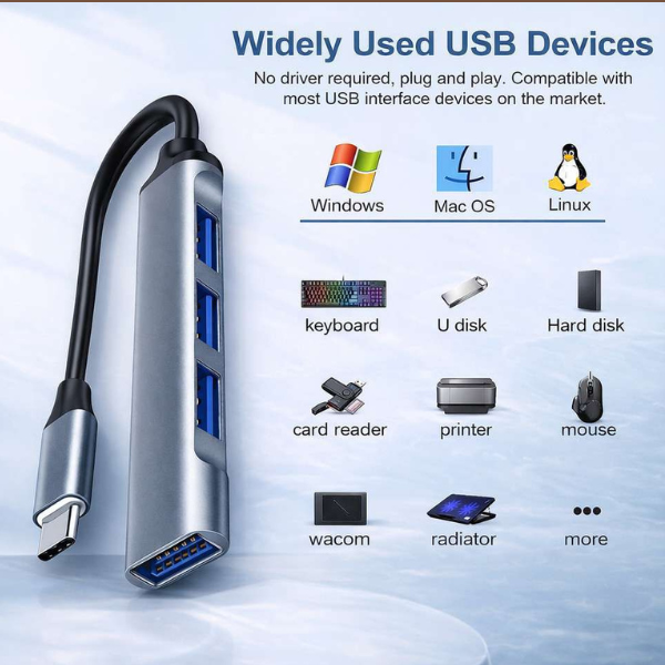 USB Type-C Multiport Hub – 4 Port USB 3.0 High Speed Adapter for Laptop & PC